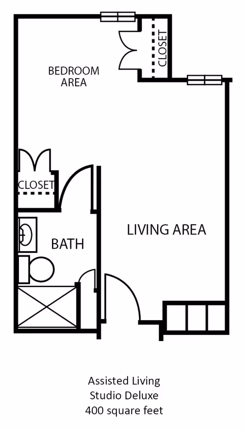 Floor plan layout of an assisted living studio deluxe apartment with 400 square feet, showing a bedroom area, living area, bathroom with shower, toilet and sink, and two closets.