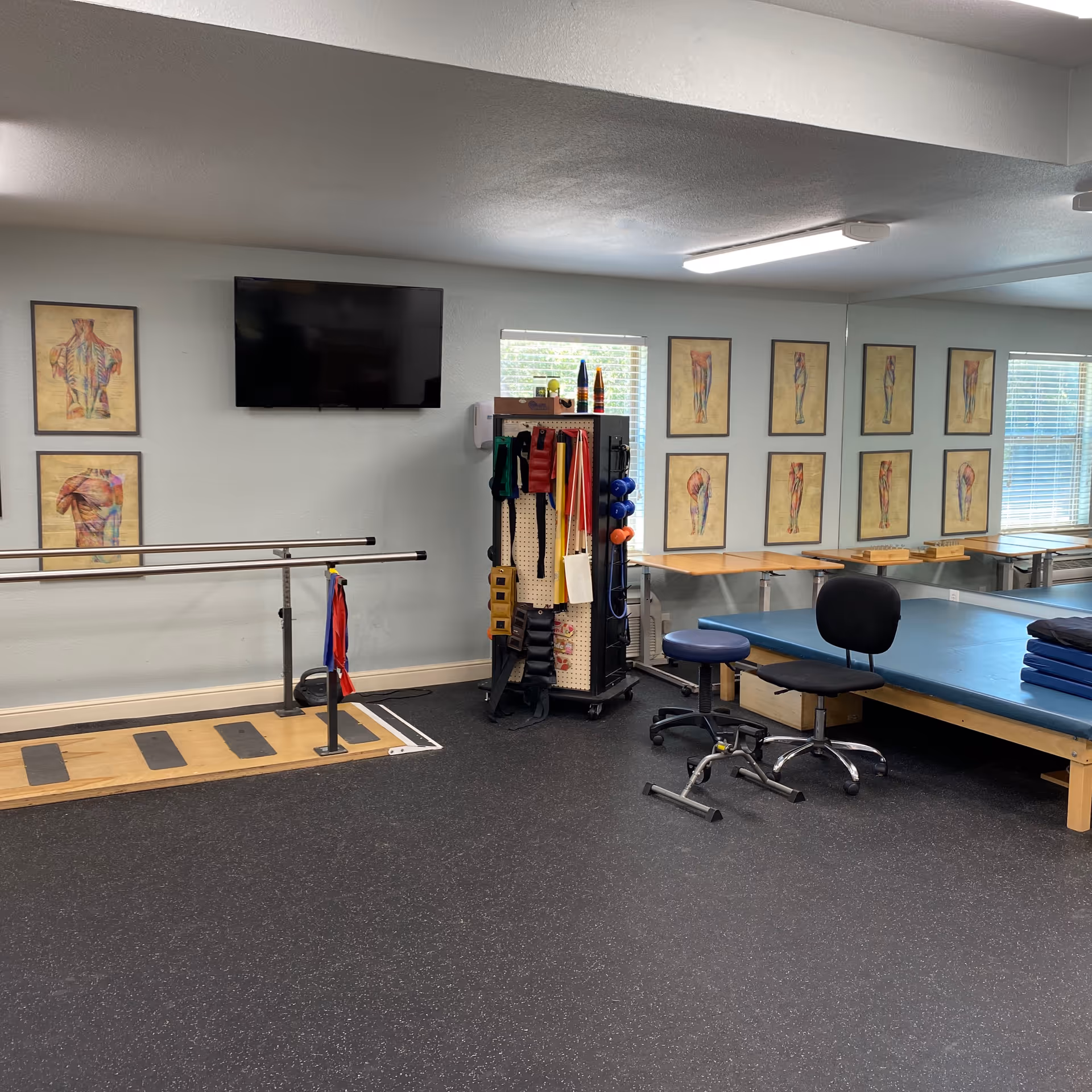 A physical therapy room with parallel bars for walking exercises, a mounted flat-screen TV, anatomical posters on the walls, a rack holding various exercise bands and equipment, a padded therapy table, and two stools on wheels. The room has large windows with blinds and a mirrored wall reflecting the equipment.