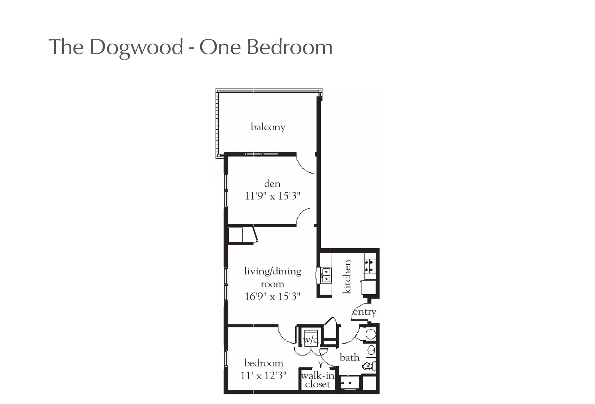 Floor plan titled The Dogwood - One Bedroom showing a layout with a balcony, den, living/dining room, kitchen, entry, bedroom, walk-in closet, bath, and washer/dryer area.