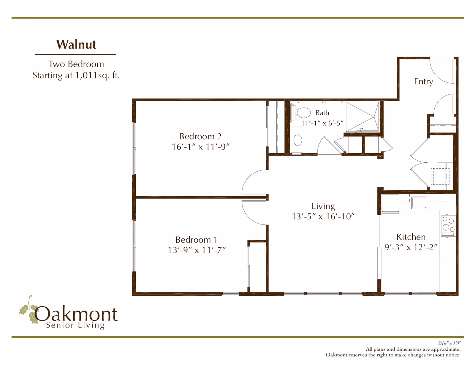 Floor plan titled 'Walnut' showing a two-bedroom, one-bath apartment layout with living room and kitchen.