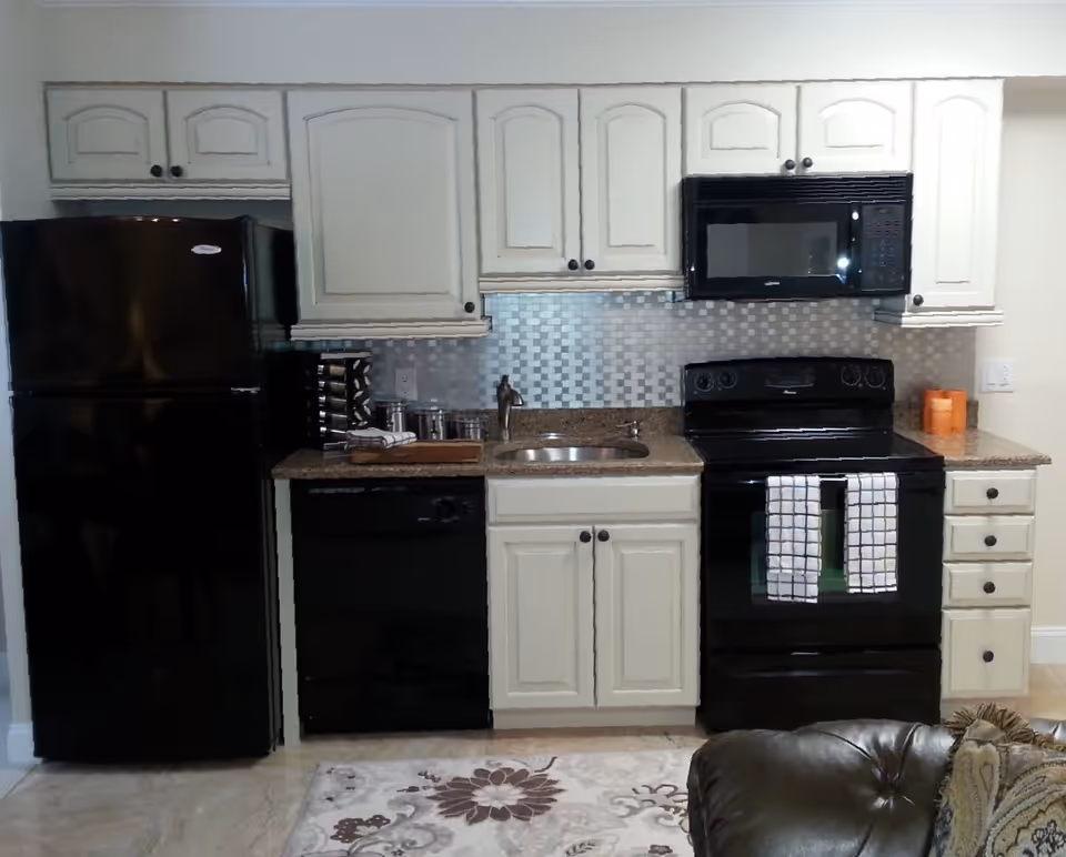 A kitchen area with black appliances including a refrigerator, dishwasher, stove, and microwave. The cabinets are white with black knobs, and there is a silver tiled backsplash. A small sink is centered under the cabinets, and two kitchen towels hang on the stove handle. Part of a brown leather couch and a patterned rug are visible in the foreground.