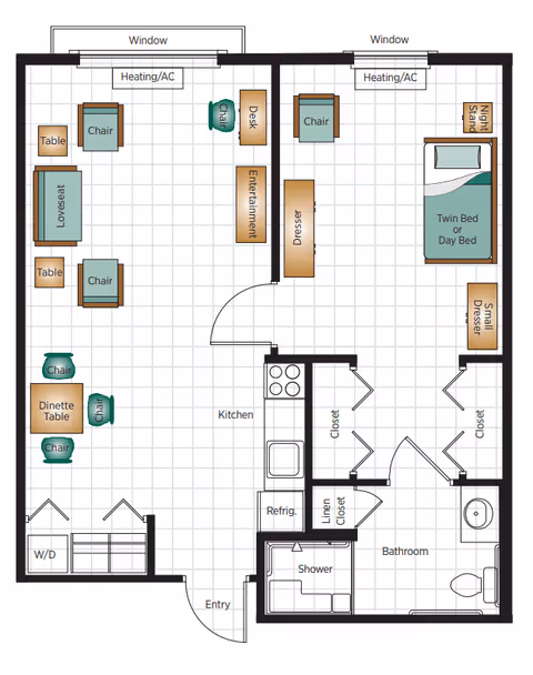 Floor plan of a senior living apartment showing an entry leading into a kitchen area with a refrigerator and stove. Adjacent to the kitchen is a living room with a loveseat, chairs, tables, desk, and entertainment unit. There is a dinette table with chairs near the entry. The bedroom has a twin bed or day bed, night stand, dresser, and small dresser. The bathroom includes a shower, toilet, and sink. Multiple closets and a linen closet are also shown. Windows and heating/AC units are indicated in the living room and bedroom.