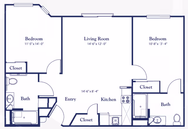 Floor plan of a two-bedroom, two-bath apartment showing a living room, kitchen, entry and multiple closets.