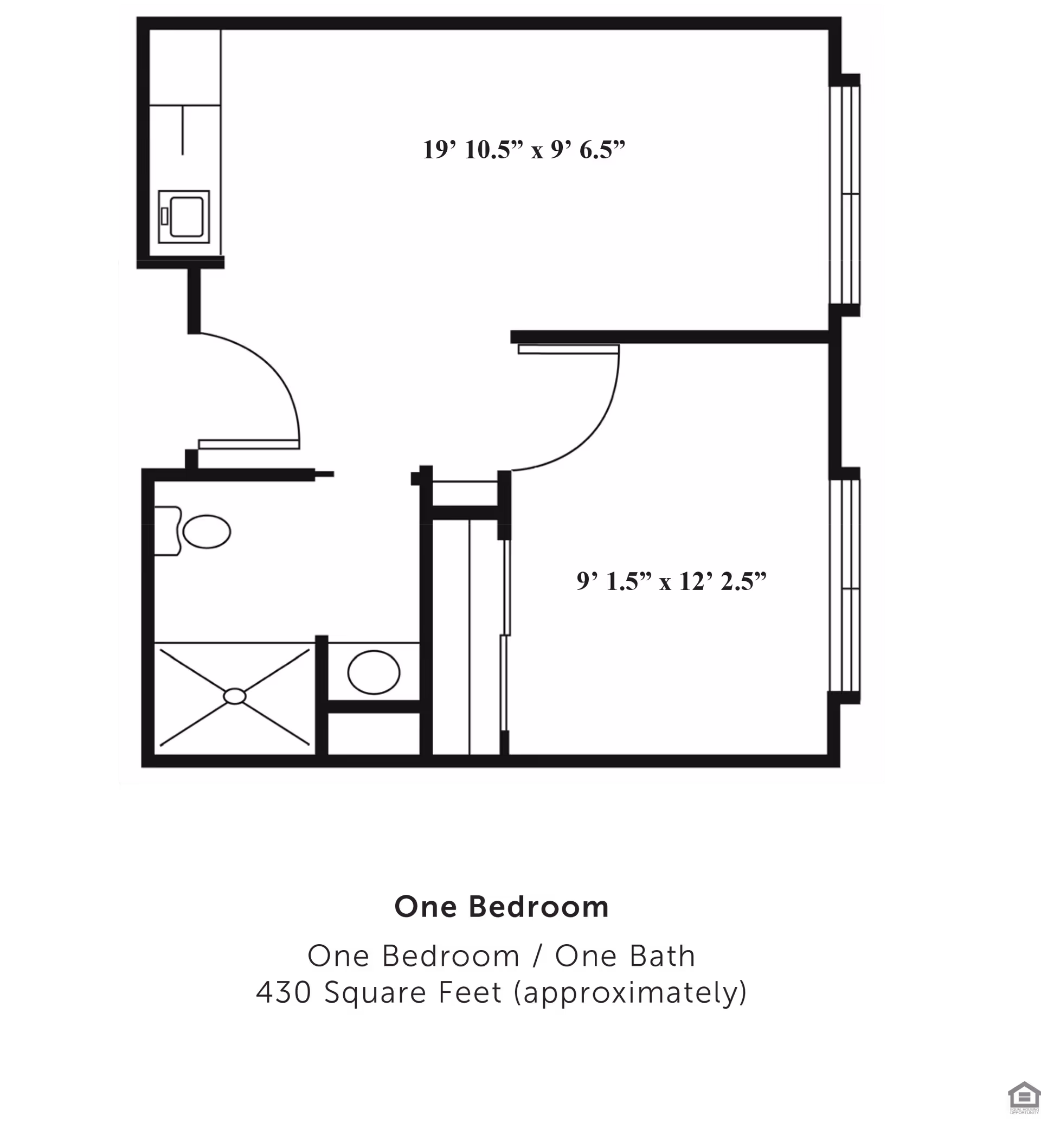 Floor plan of a one-bedroom, one-bath apartment with approximate dimensions. The layout includes a bedroom measuring 9 feet 1.5 inches by 12 feet 2.5 inches, a living area measuring 19 feet 10.5 inches by 9 feet 6.5 inches, a bathroom with a shower and toilet, and a small kitchen area.