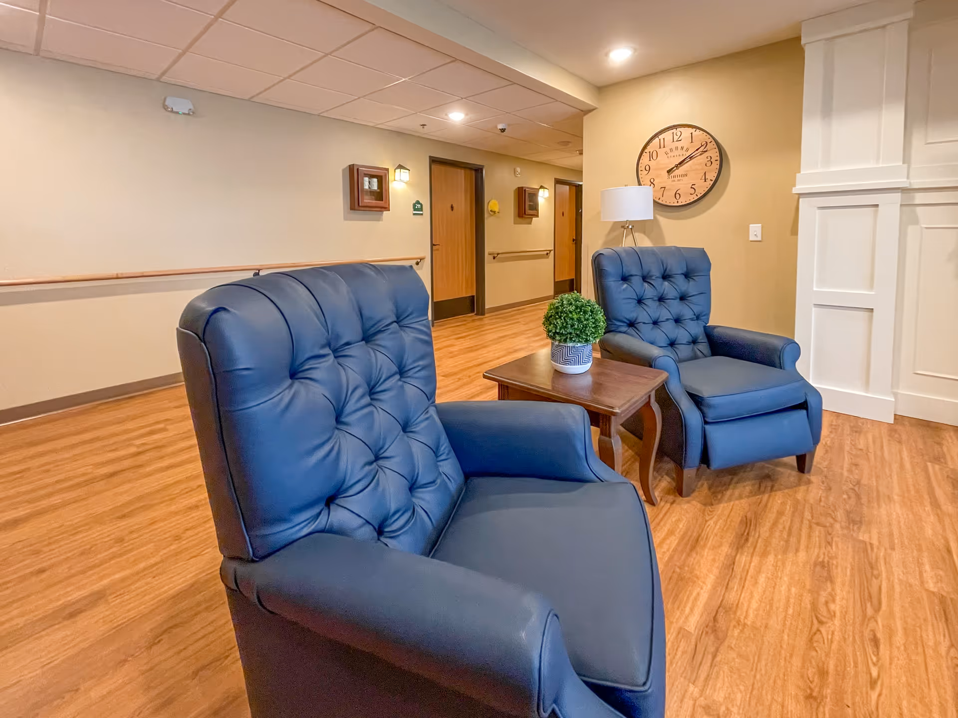 Two blue tufted armchairs with a small wooden table between them holding a potted plant, set in a hallway with wood flooring, beige walls, a large wall clock, and several doors along the corridor.