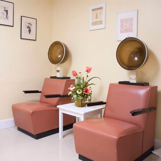 Two vintage pink salon chairs with attached hair dryers in a room with cream-colored walls. A small white table with a flower arrangement is placed between the chairs. Framed artwork is hung on the walls above the chairs.