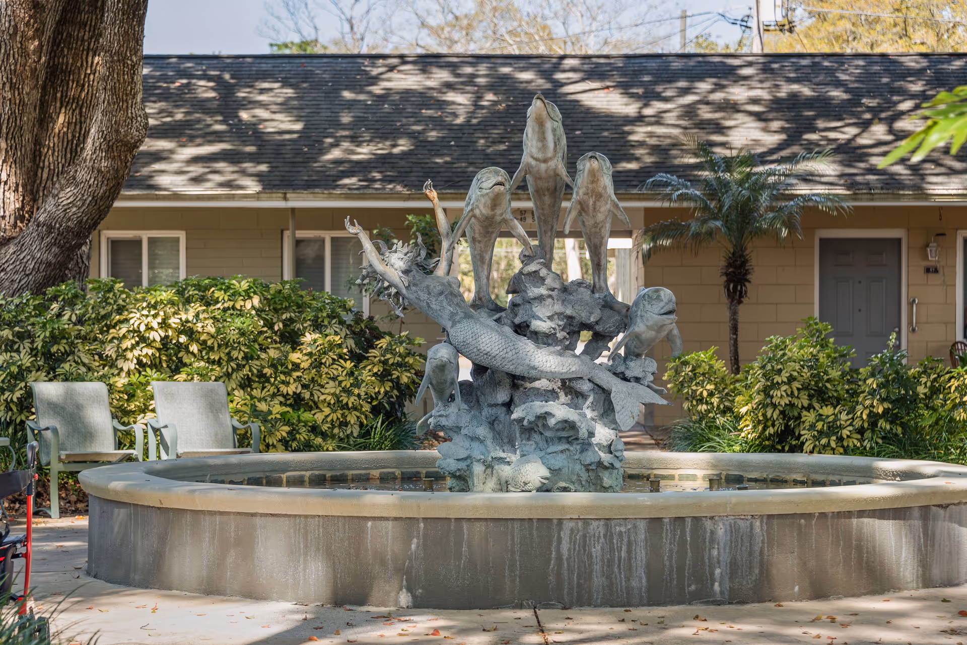 Outdoor fountain sculpture featuring a mermaid surrounded by dolphins in a circular basin, with green bushes, two chairs, a large tree, and a beige building with a gray door in the background.