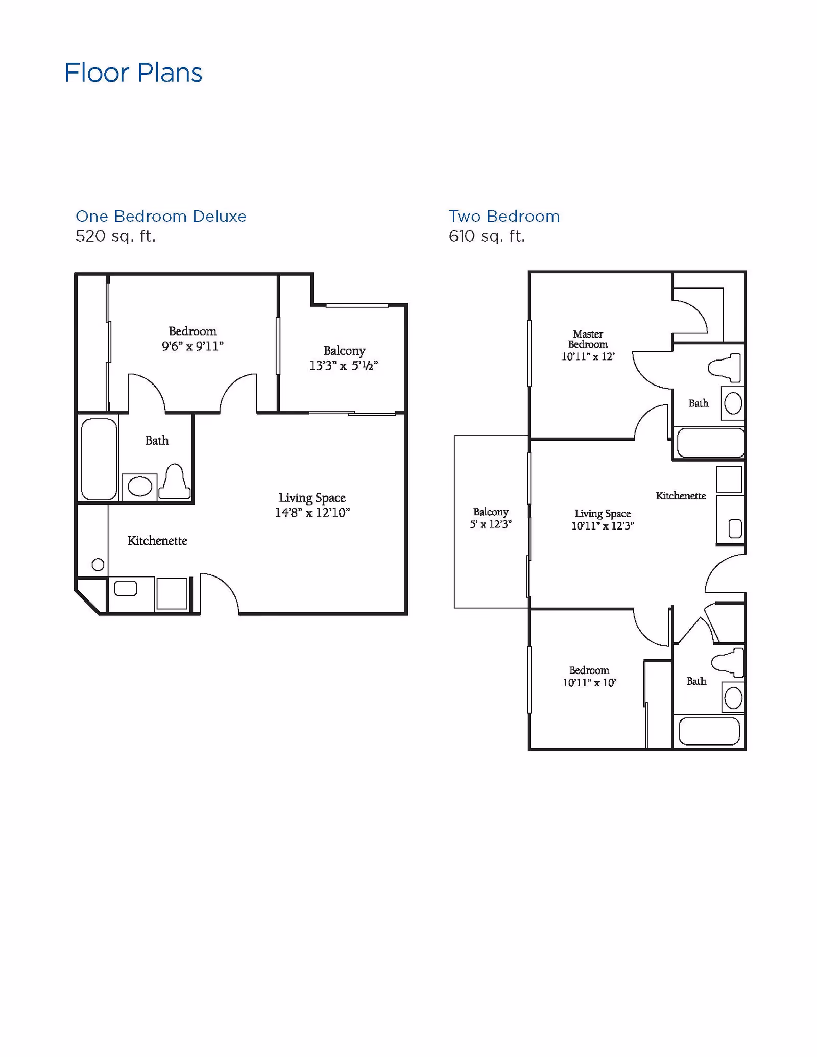 Floor plans for Brookdale South Bay showing a One Bedroom Deluxe unit with 520 sq. ft. including a bedroom, bath, kitchenette, living space, and balcony, and a Two Bedroom unit with 610 sq. ft. including a master bedroom, second bedroom, two baths, kitchenette, living space, and balcony.