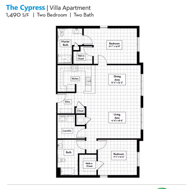 Floor plan of The Cypress Villa Apartment at Homestead Hills, showing a layout with two bedrooms, two bathrooms, a kitchen, dining area, living area, laundry, entry, closets, and walk-in closets.
