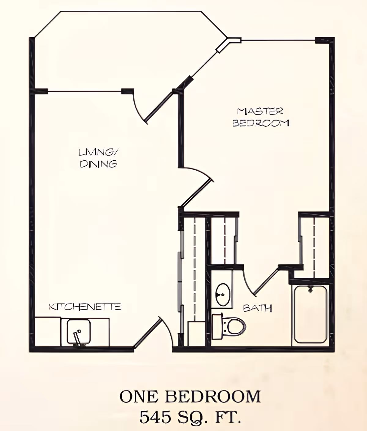Black-and-white floor plan of a one-bedroom 545 sq. ft. apartment showing living/dining, kitchenette, bedroom, and a bathroom.