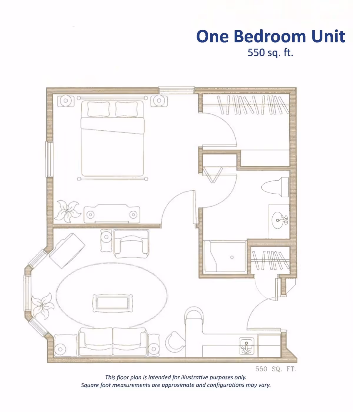 Floor plan of a one bedroom unit measuring 550 square feet, showing a bedroom with a bed and nightstands, a living room with seating and a coffee table, a bathroom with a toilet, sink, and shower, closets, and a small kitchen area with a sink.