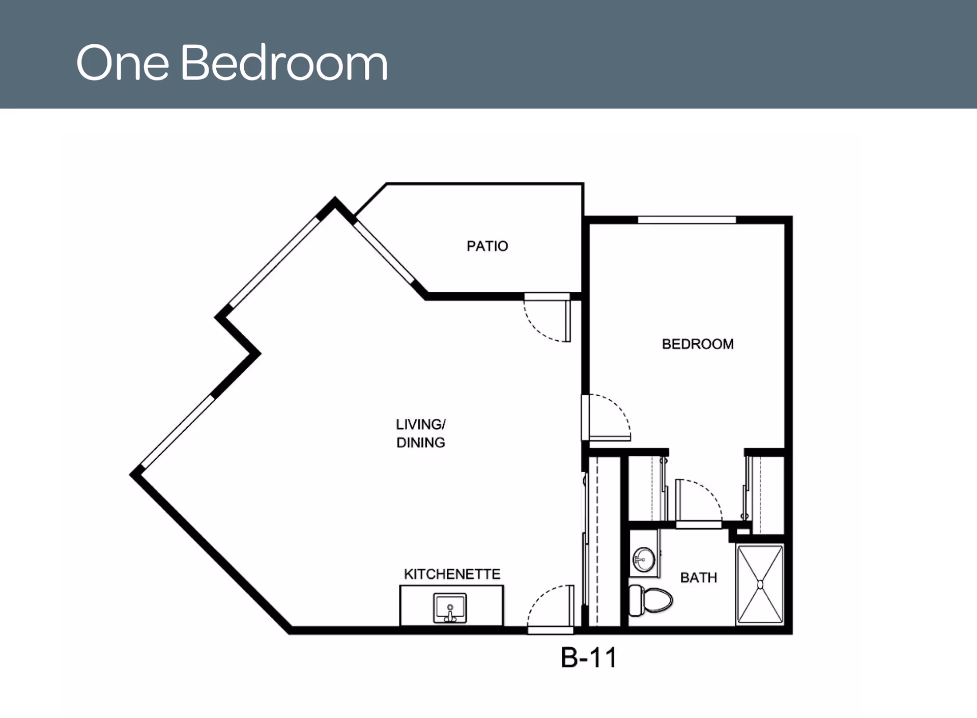 Floor plan of a one-bedroom unit labeled B-11 at Provincial Bethel Park, showing a bedroom, bathroom, kitchenette, living/dining area, and a patio.