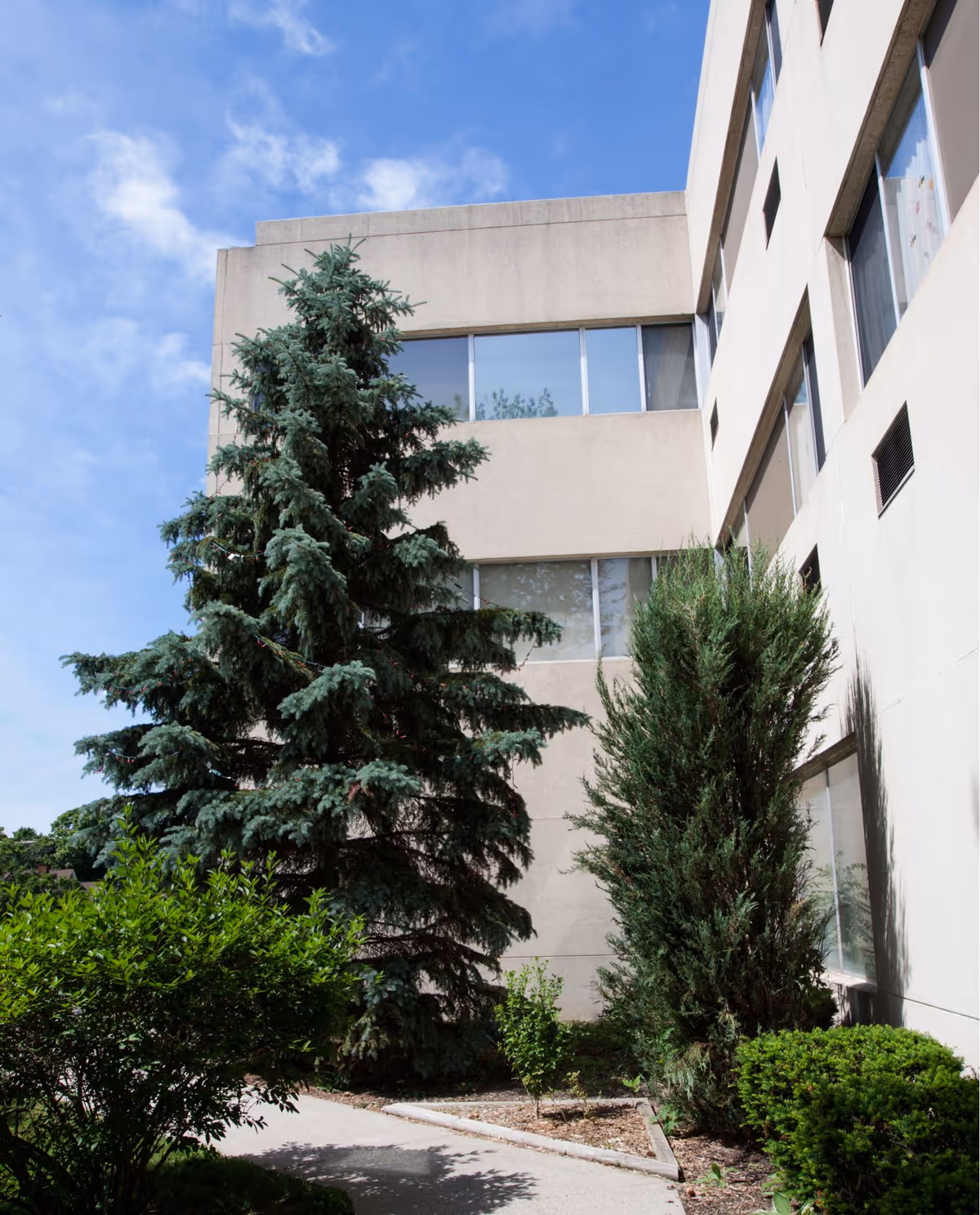 Exterior view of a beige multi-story building with several windows, surrounded by green trees and bushes under a blue sky with some clouds.