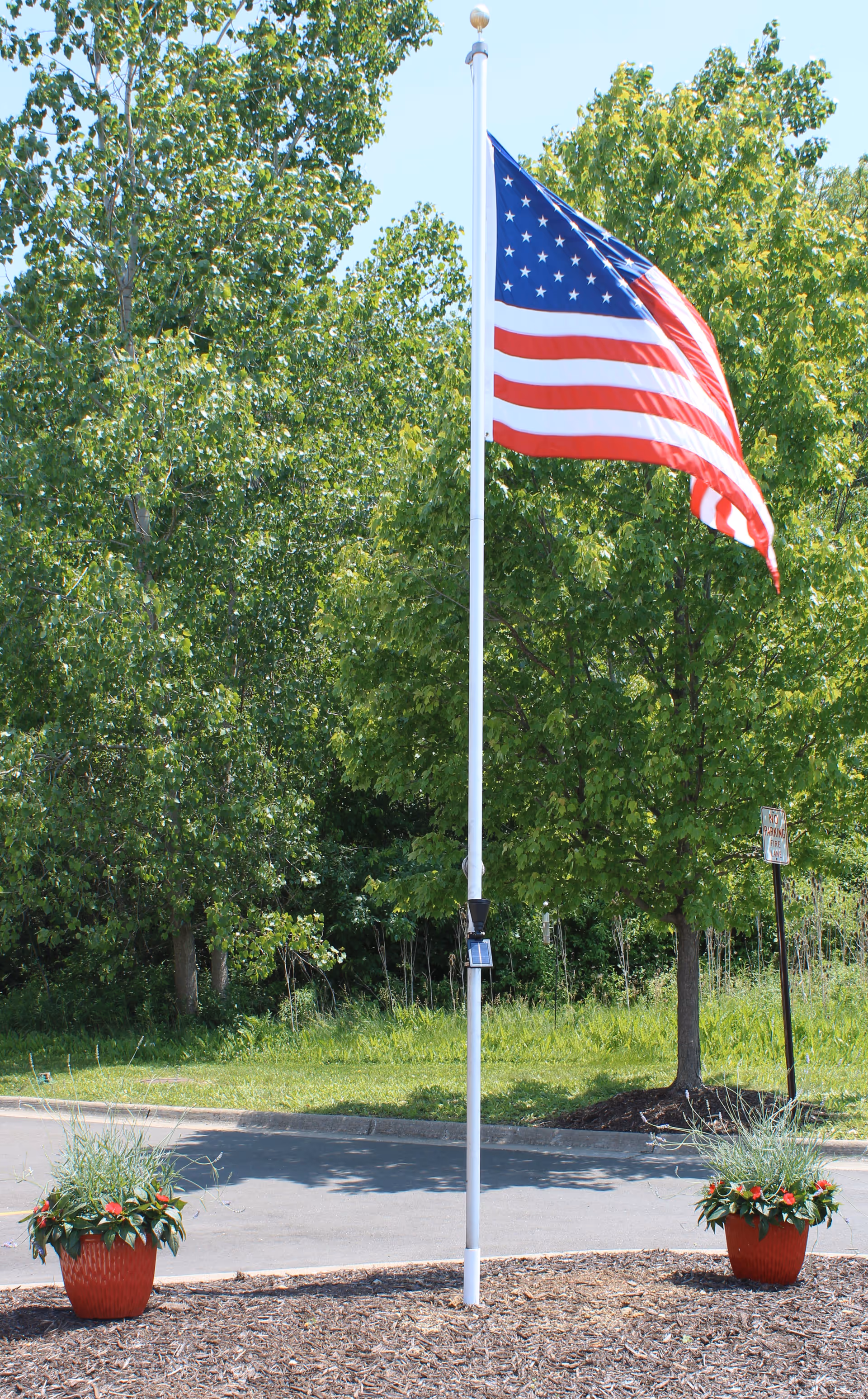 An American flag on a tall flagpole flutters between two potted flower planters with trees and a road in the background.