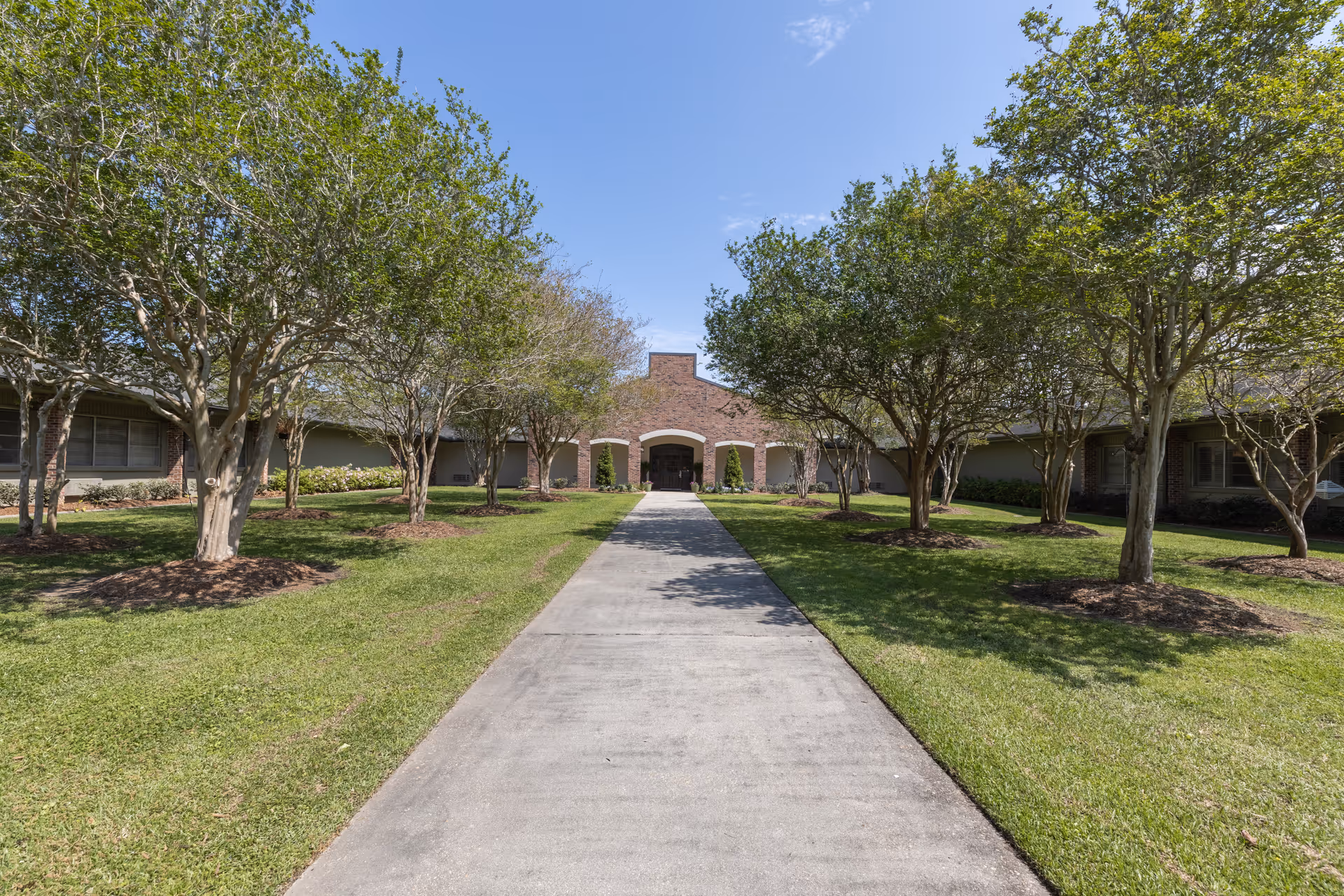 A paved walkway leads through a grassy area with evenly spaced trees on both sides toward the entrance of a single-story brick building under a clear blue sky.