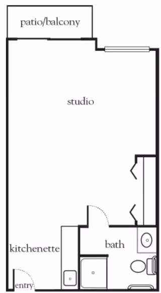 Floor plan of a studio apartment at Bonita Villa Senior Living showing an entry leading to a kitchenette, a main studio living area, a bathroom with a toilet and sink, and a patio/balcony area.