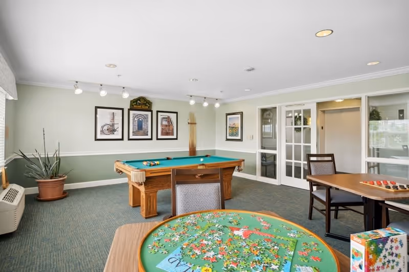 A recreational room in Mt. Arlington Senior Living featuring a pool table with balls arranged for a game, a round table with a partially completed jigsaw puzzle, and another table with a checkers board. The room has light green walls with white trim, framed pictures on the walls, a potted plant, and glass-paneled double doors leading to another area.