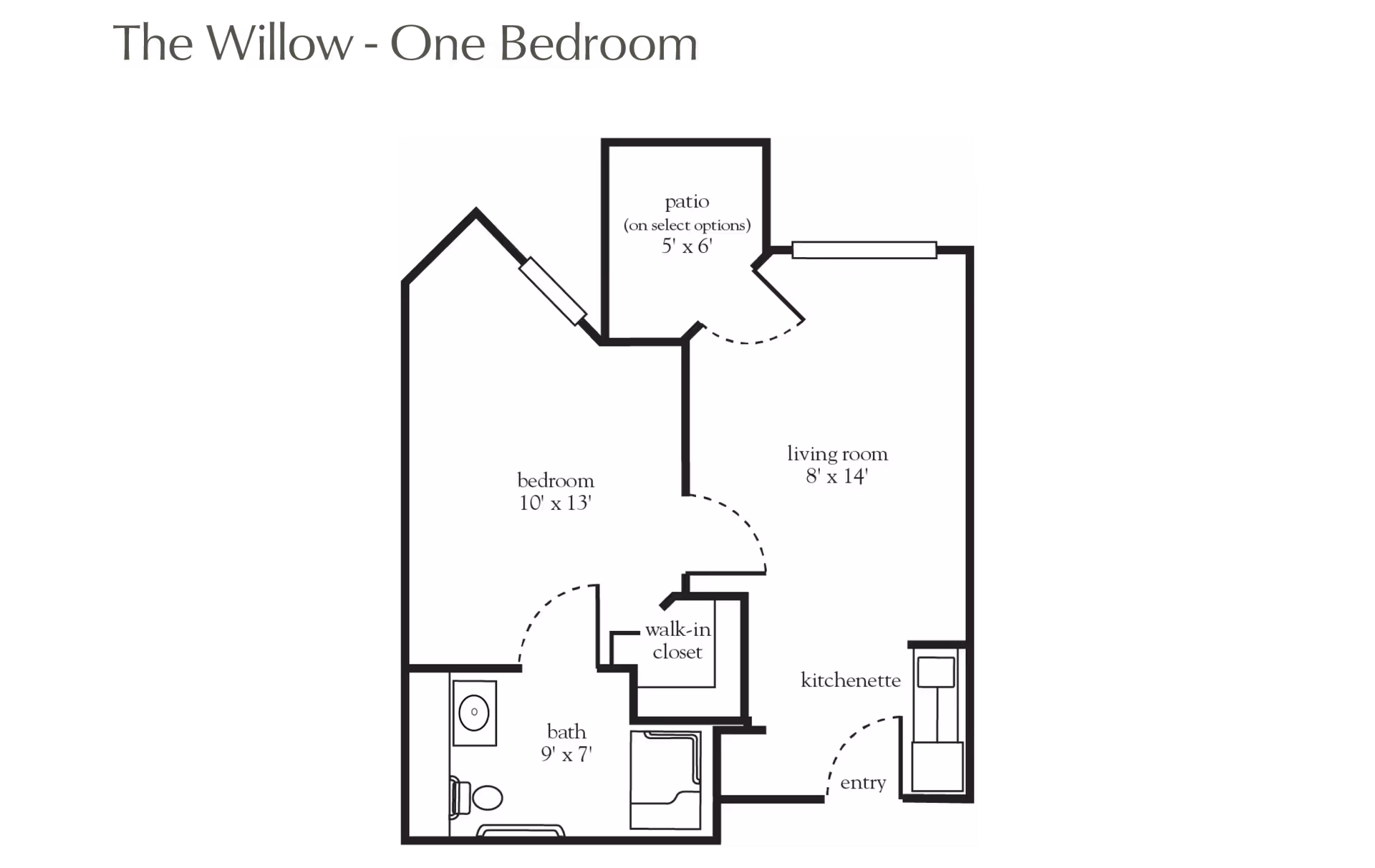 Floor plan titled 'The Willow - One Bedroom' showing a layout with a bedroom measuring 10 by 13 feet, a living room measuring 8 by 14 feet, a bath measuring 9 by 7 feet, a walk-in closet, a kitchenette, an entry area, and a patio measuring 5 by 6 feet available on select options.
