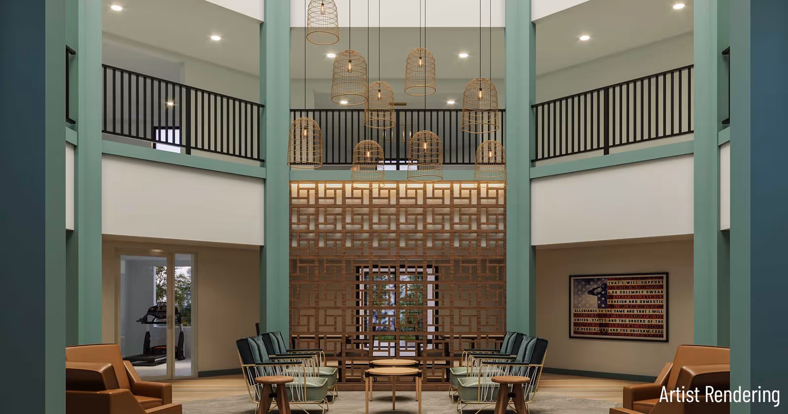 A spacious and modern senior living facility common area with high ceilings and teal-colored pillars. The room features multiple seating arrangements with brown and green chairs around small round tables. A decorative wooden lattice partition separates the seating area from the entrance. Several pendant lights with woven shades hang from the ceiling. A framed artwork is visible on the right wall, and a glass door on the left leads to a room with exercise equipment.