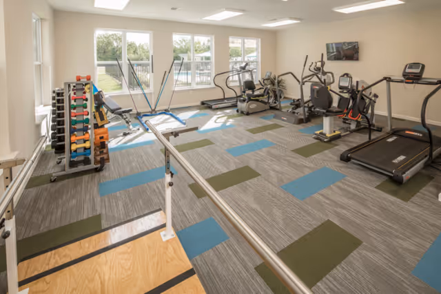 A bright fitness room with large windows letting in natural light. The room contains various exercise equipment including treadmills, stationary bikes, elliptical machines, a rack of colorful dumbbells, and parallel bars for balance exercises. The floor has a patterned carpet with blue, green, and gray sections.