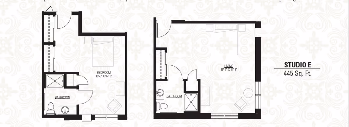Architectural floor plan for Heritage Lake Country Senior Living Studio E unit, showing a 445 square feet layout with labeled bedroom, bathroom, and living areas.