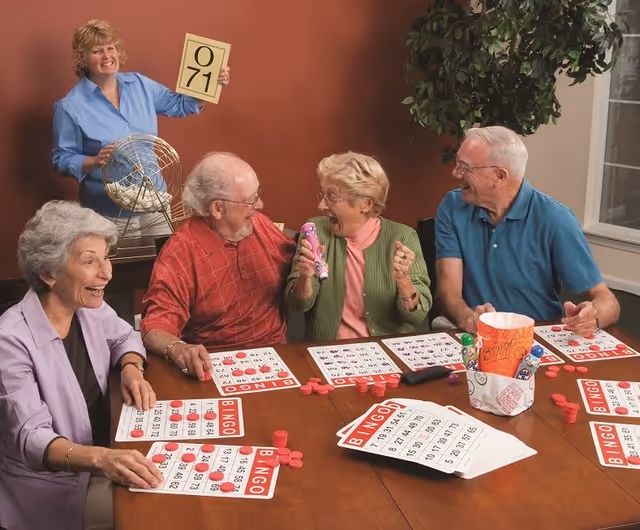 Four elderly people sitting around a table playing bingo, smiling and interacting happily. A woman standing behind them is holding a bingo cage and a card with the number 071. The table is covered with bingo cards and red bingo chips. The setting appears to be a cozy indoor room with a plant and window in the background.