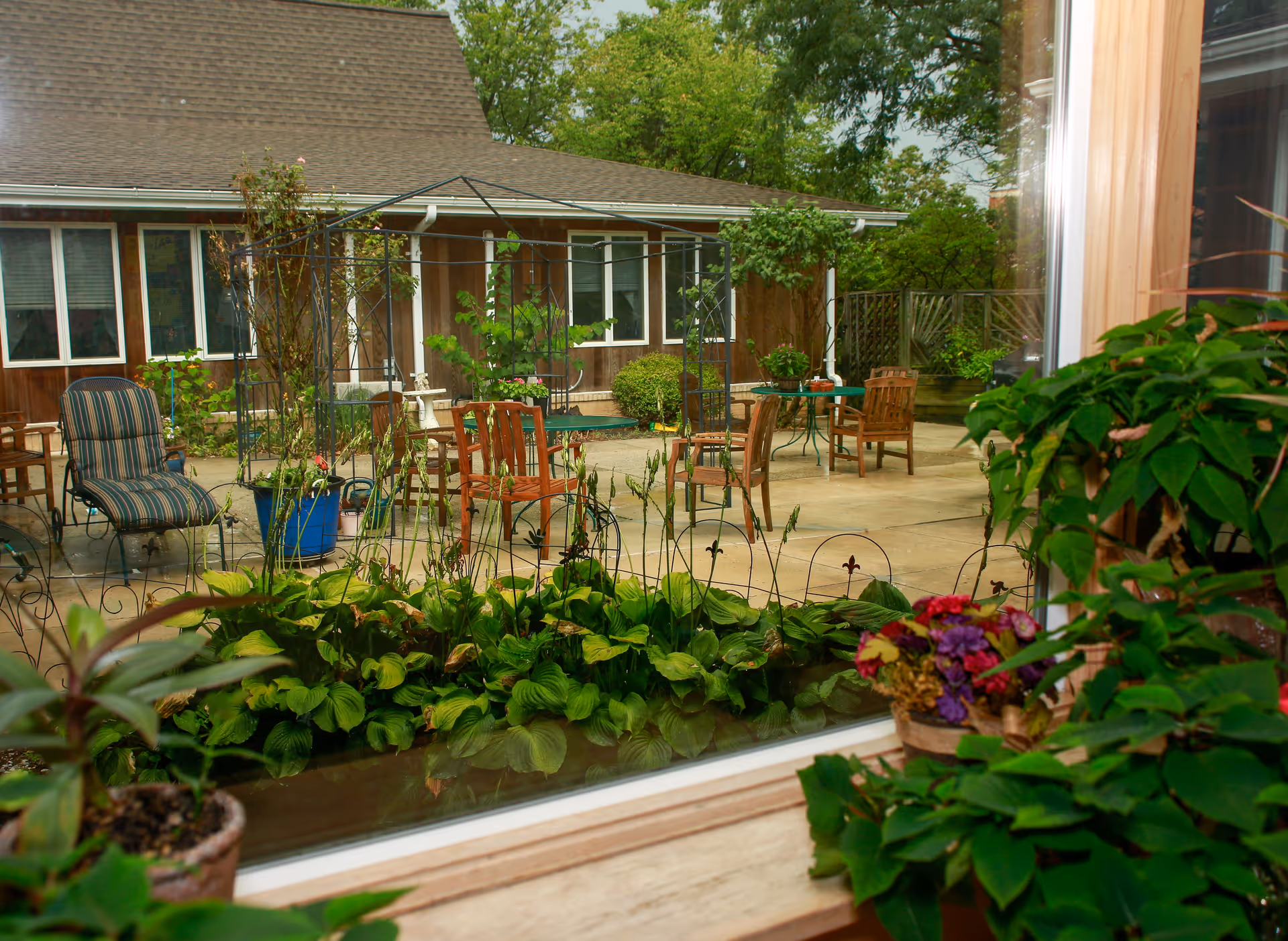 View through a window onto a garden courtyard with patio chairs, tables, potted plants and lush greenery.