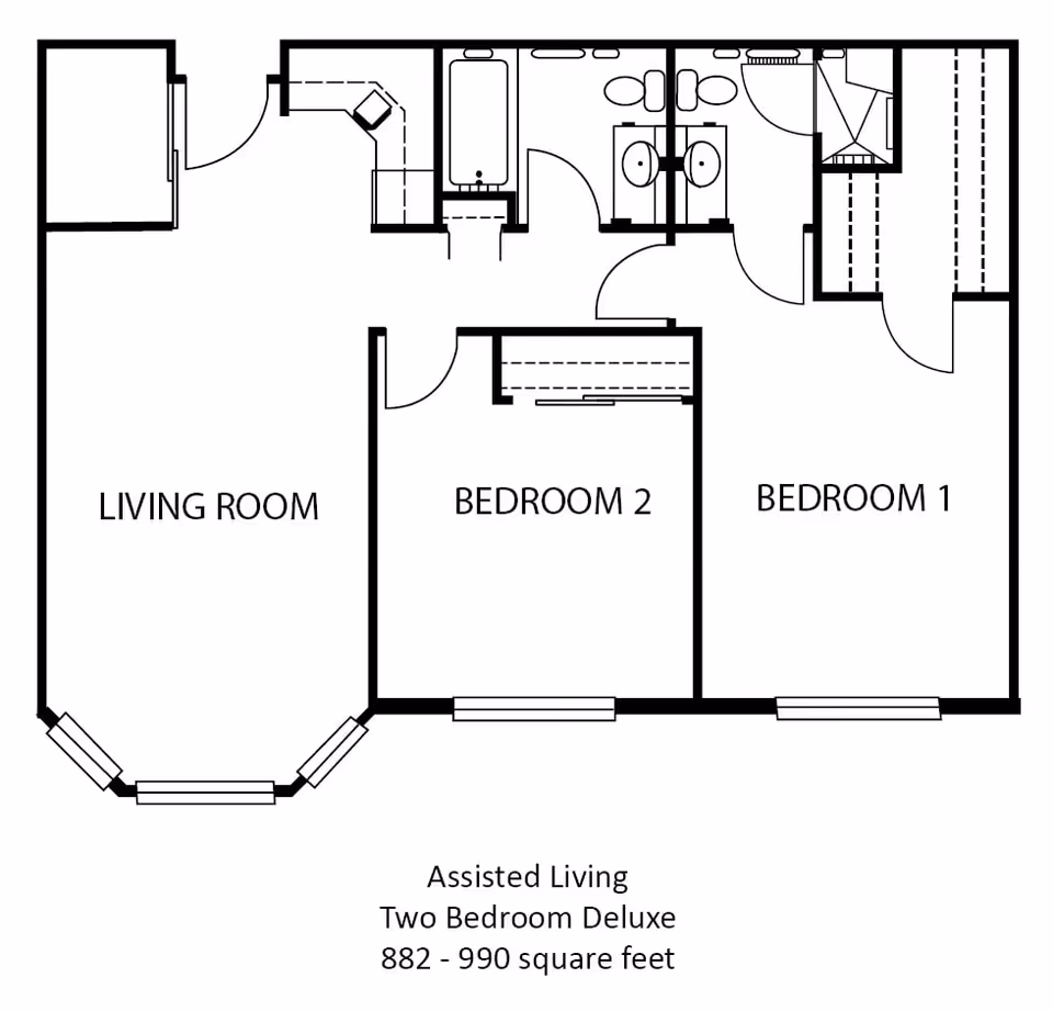 Floor plan of an assisted living two-bedroom deluxe apartment showing a living room, two bedrooms, a bathroom with double sinks, and closets, covering 882 to 990 square feet.