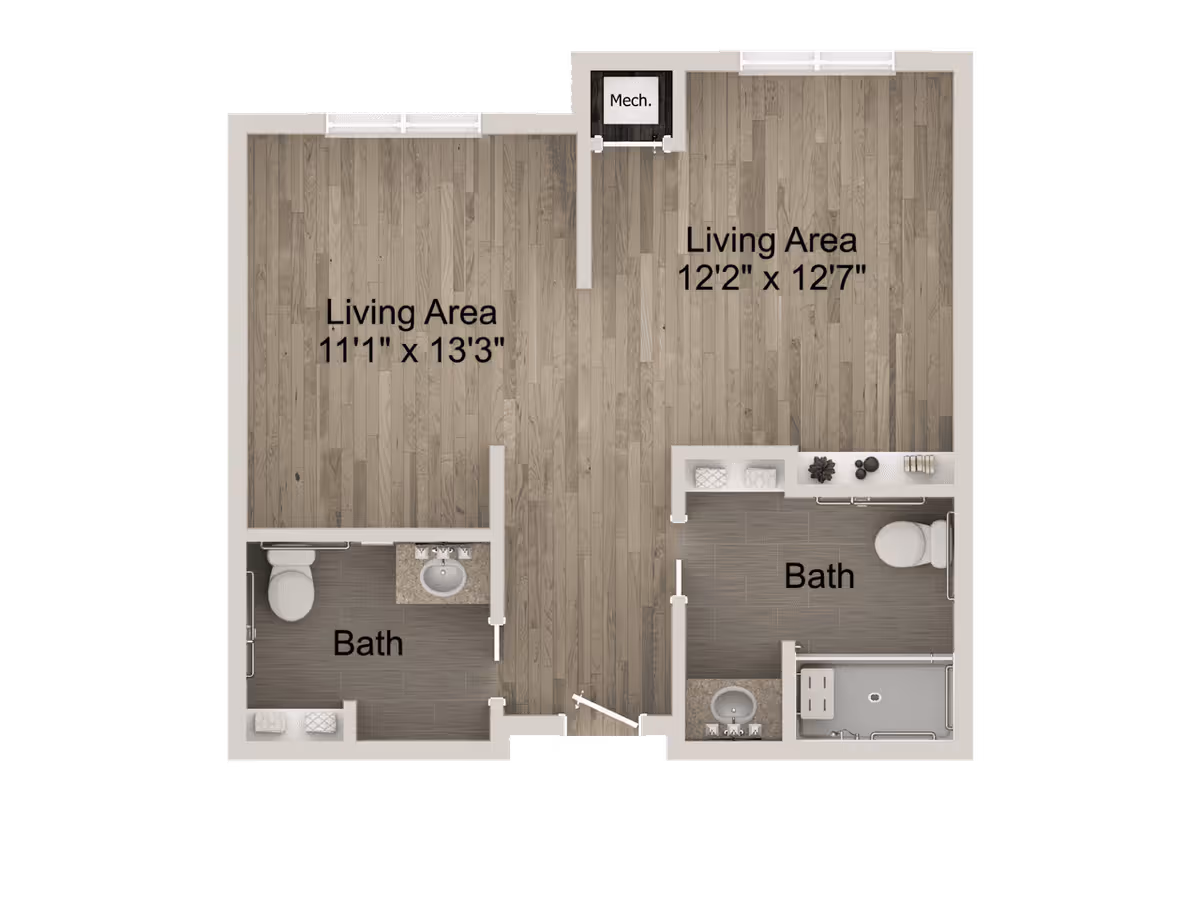 Floor plan showing two living areas with dimensions 11'1" x 13'3" and 12'2" x 12'7", each connected to a separate bathroom. The bathrooms include a toilet, sink, and one has a shower. There is a mechanical room labeled 'Mech.' near the top center.