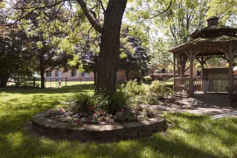 Shaded outdoor garden with a stone-edged flower bed and wooden gazebo.