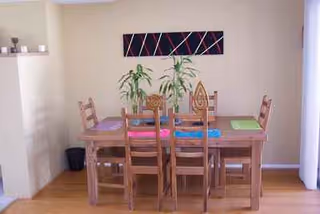 Wood dining table with six chairs, colorful placemats, and potted plants in the dining room.