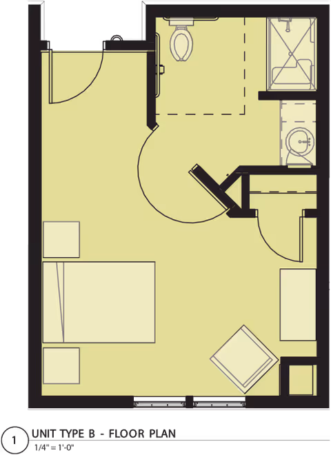 Floor plan of Unit Type B at Bridges by EPOCH at Nashua, showing a layout with a bedroom area containing a bed and two nightstands, a bathroom with a toilet, shower, and sink, and a small seating area with a chair and table.