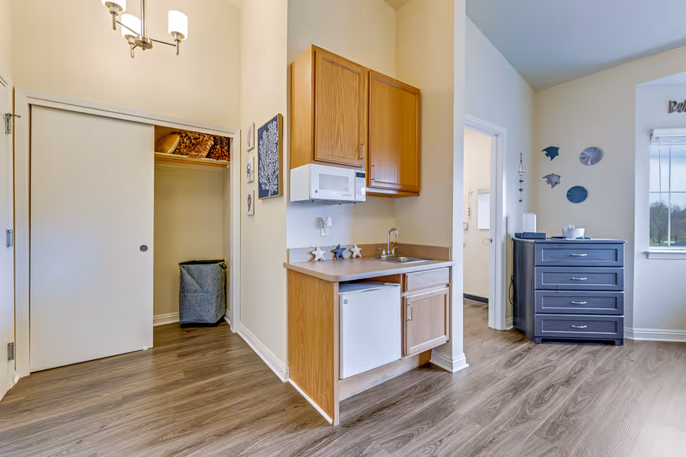 Studio kitchenette area with oak cabinets, microwave, sink, mini-fridge, open closet and a dresser by a window.