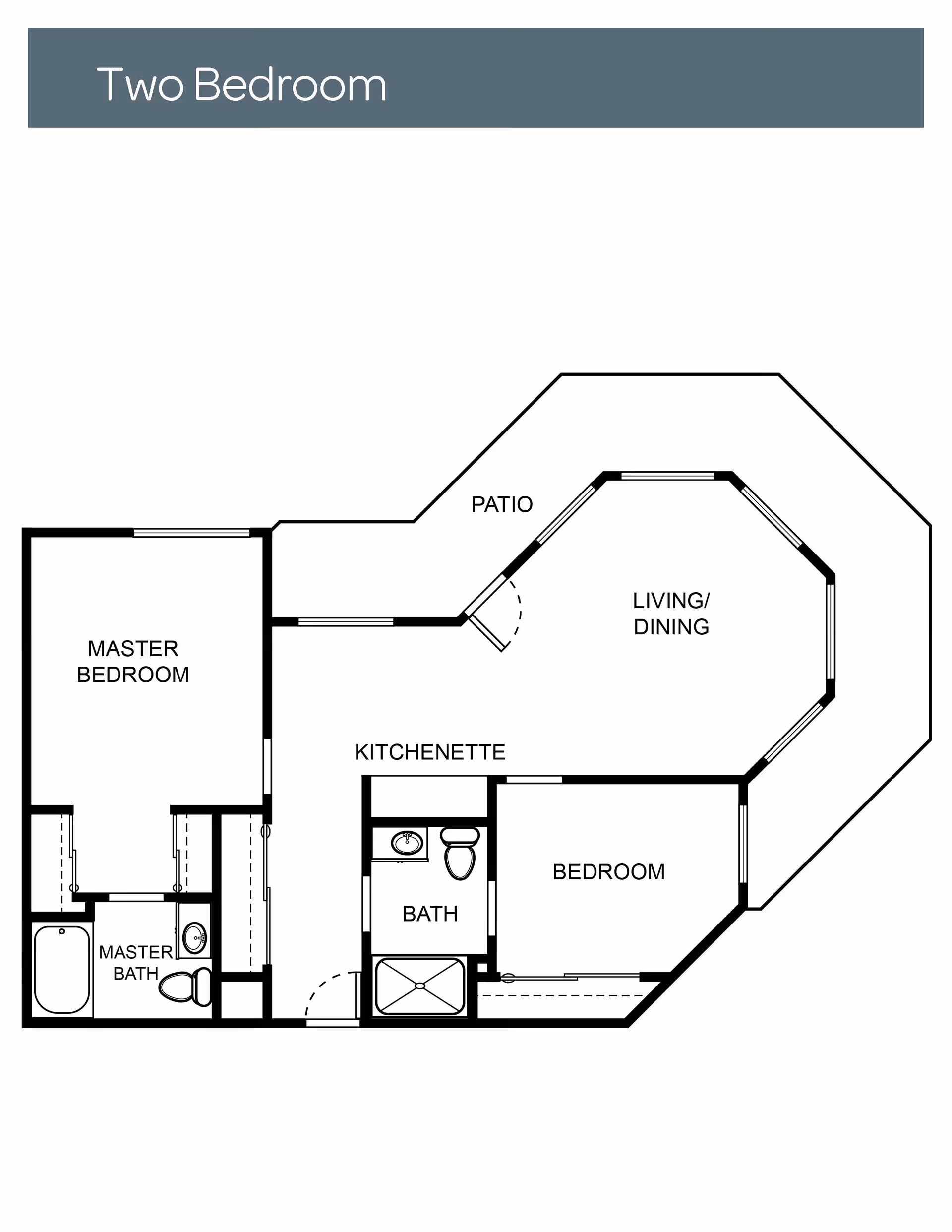 Floor plan of a two-bedroom apartment featuring a master bedroom with an attached master bath, a second bedroom, a kitchenette, a bathroom, a living/dining area, and a patio.