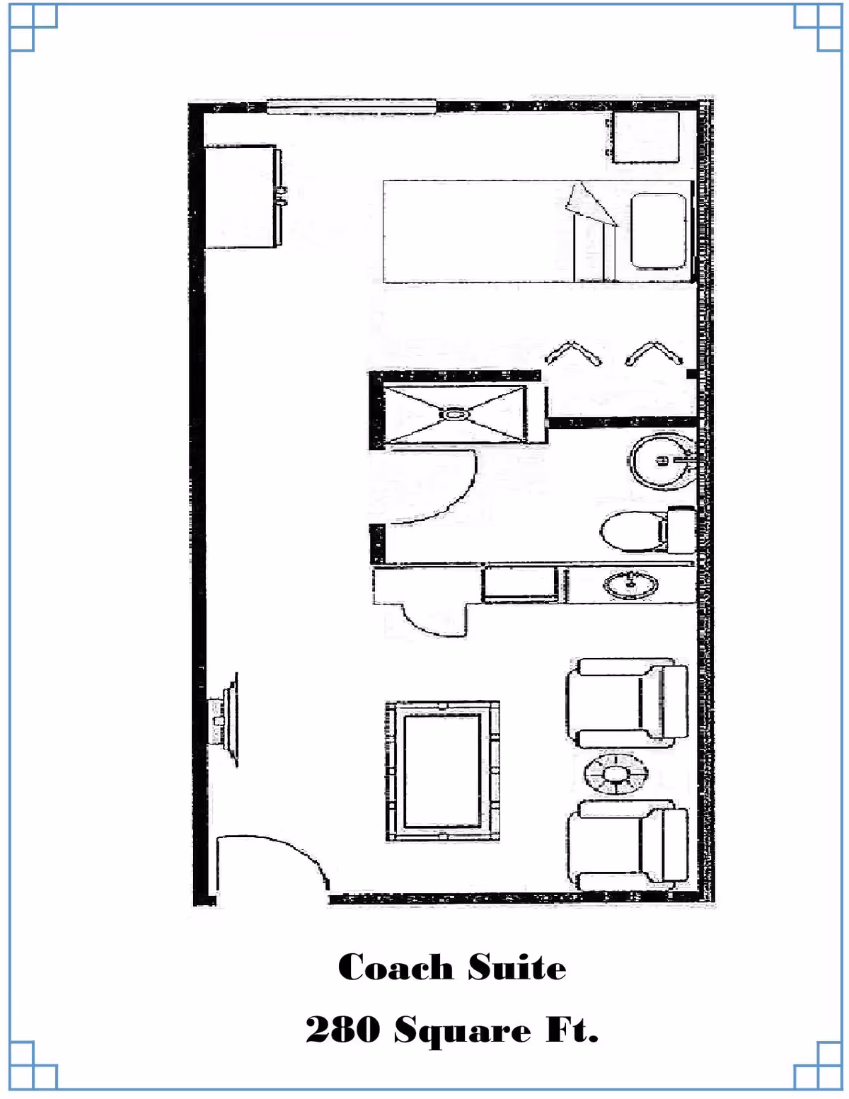 Floor plan of a Coach Suite measuring 280 square feet, showing a layout with a living area containing two chairs and a table, a bedroom area with a bed and nightstand, and a bathroom with a shower, toilet, and sink.