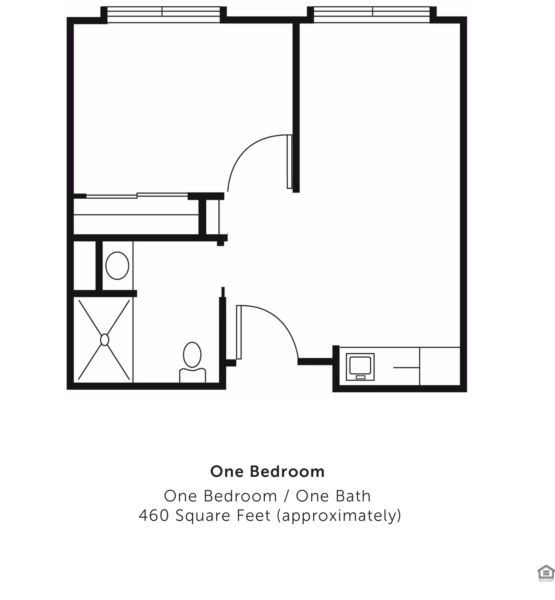 Floor plan layout of a one-bedroom, one-bath apartment with approximately 460 square feet. The plan shows a bedroom, bathroom with shower and toilet, and a combined living and kitchen area.