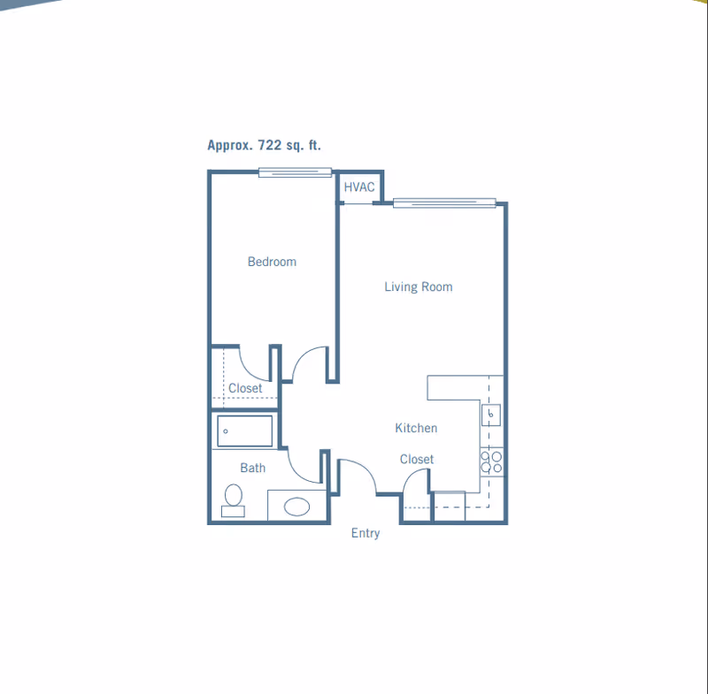 Floor plan of a one-bedroom apartment approximately 722 square feet, showing a bedroom with closet, bathroom, living room, kitchen with closet, entry, and HVAC area.