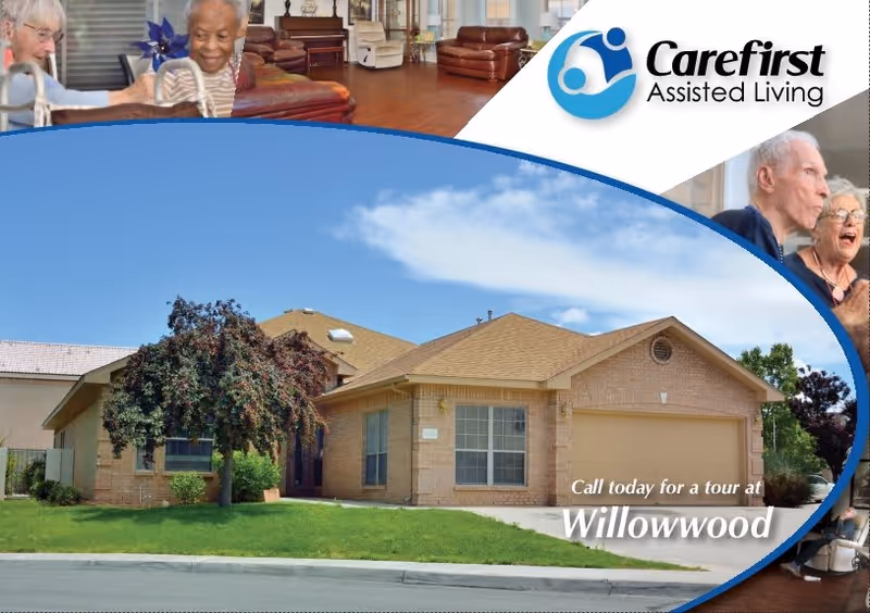 Single-story brick house with a well-maintained lawn and a tree in front under a blue sky with some clouds. The image is overlaid with a curved blue border and includes the Carefirst Assisted Living logo and photos of elderly people in the corners.