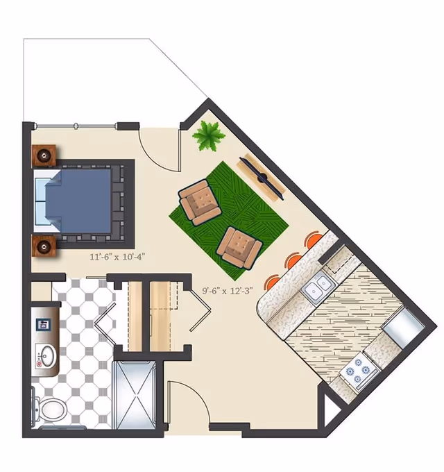 Floor plan of a senior living unit at Bonaventure of East Wenatchee showing a bedroom with a bed and two nightstands, a bathroom with a toilet, sink, and shower, a living area with two chairs and a TV on a green rug, and a kitchen with a stove, sink, refrigerator, and a counter with three stools.