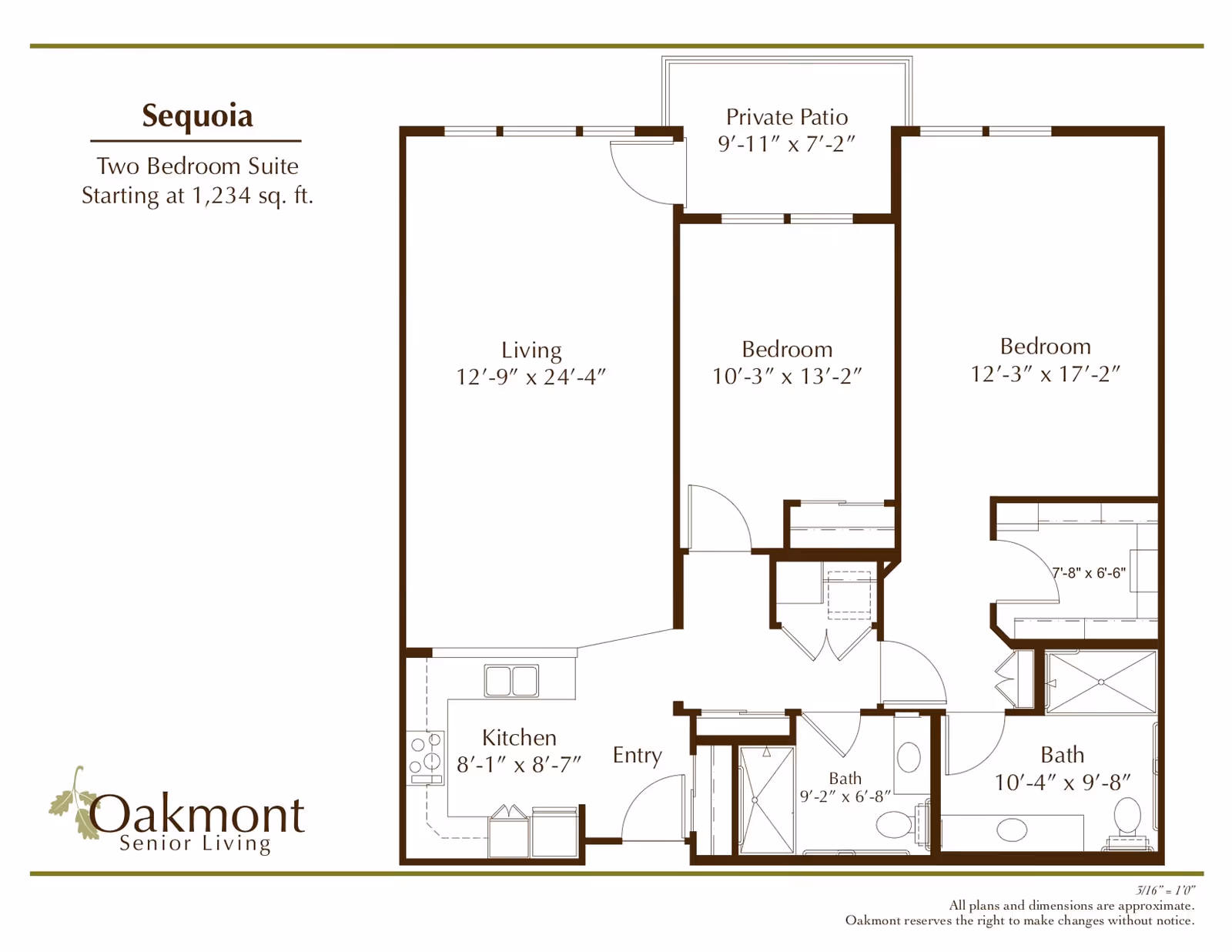 Floor plan of Sequoia, a two-bedroom suite at Oakmont Senior Living, showing a living room, kitchen, two bedrooms, two bathrooms, an entry, and a private patio with dimensions for each room.