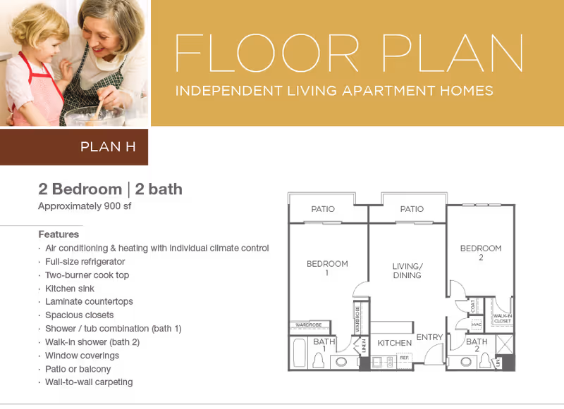 Floor plan for an independent living apartment home named Plan H at Drake Terrace, featuring 2 bedrooms and 2 baths with approximately 900 square feet. The image includes a list of features such as air conditioning and heating with individual climate control, full-size refrigerator, two-burner cooktop, kitchen sink, laminate countertops, spacious closets, shower/tub combination in bath 1, walk-in shower in bath 2, window coverings, patio or balcony, and wall-to-wall carpeting. There is also a small photo of an elderly woman and a young child cooking together in the top left corner.