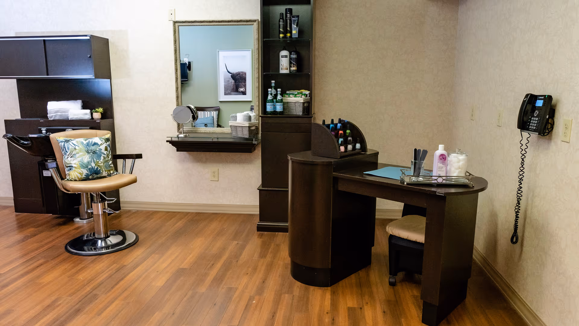 Interior view of a salon area in a nursing and rehabilitation center featuring a salon chair with a floral cushion, a hair washing station, a wall-mounted mirror, shelves with hair and nail care products, a manicure table with nail polish bottles, and a wall-mounted telephone.