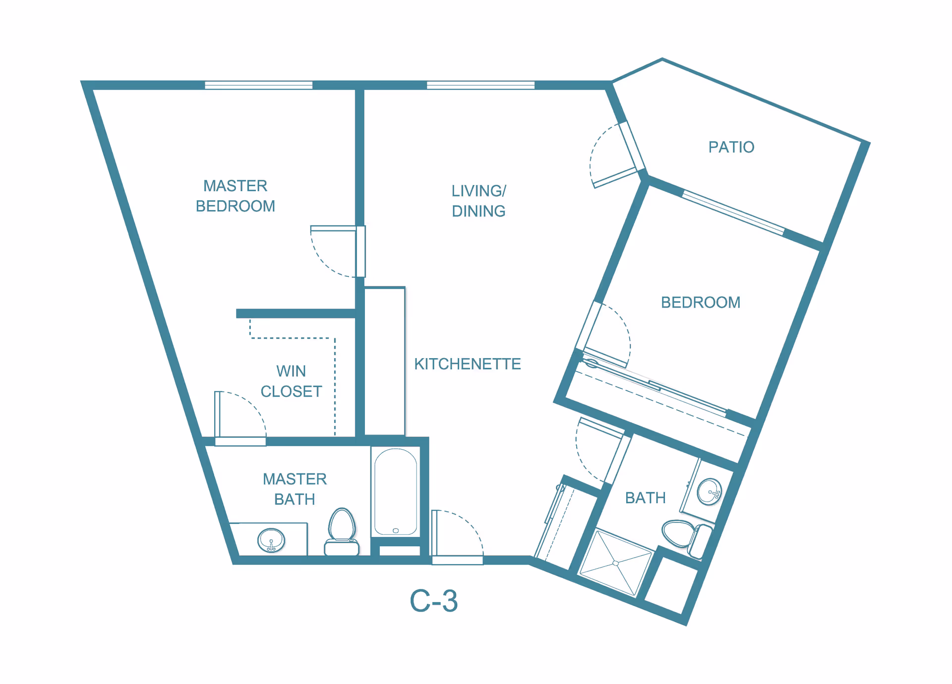 Floor plan of a residential unit labeled C-3 at Arlington Plaza - Sky Active Living, showing a master bedroom with a walk-in closet and master bath, a living/dining area with kitchenette, a second bedroom, a second bath, and a patio.