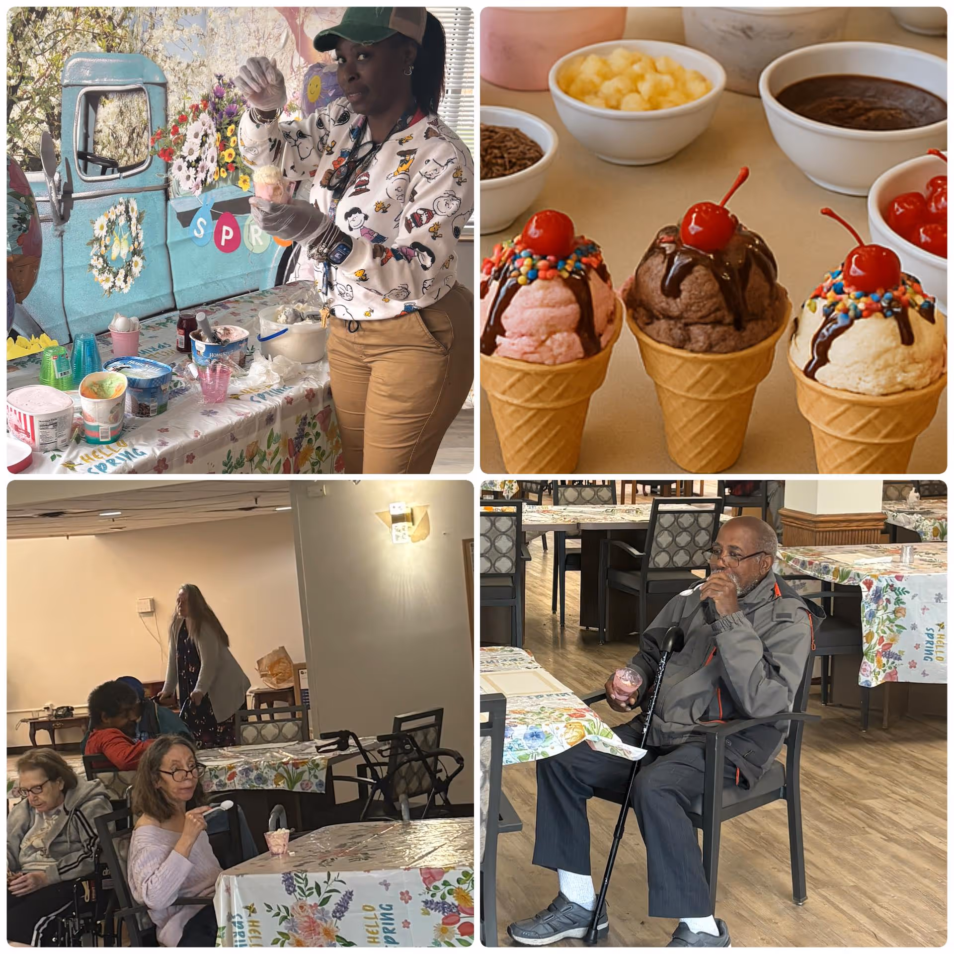 A collage of four images showing an ice cream social event at a senior living facility. The top left image shows a staff member serving ice cream at a decorated table with various ice cream containers and toppings. The top right image displays three ice cream cones with scoops of different flavors topped with chocolate syrup, sprinkles, and cherries. The bottom left image shows several elderly residents seated at tables covered with floral tablecloths, enjoying ice cream. The bottom right image features an elderly man sitting at a table, holding a cup of ice cream and a cane, in a dining area with similar floral tablecloths.