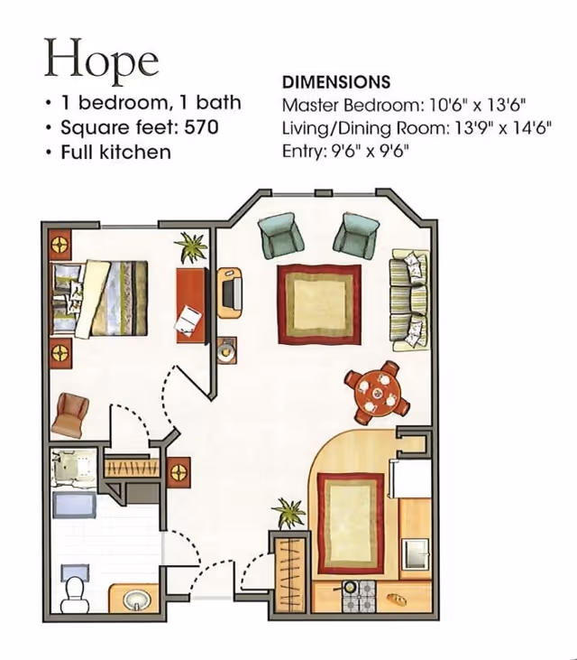 Illustrated floor plan titled 'Hope' showing a one-bedroom, one-bath 570 sq ft apartment with labeled dimensions, kitchen, living/dining area, bedroom and bathroom.