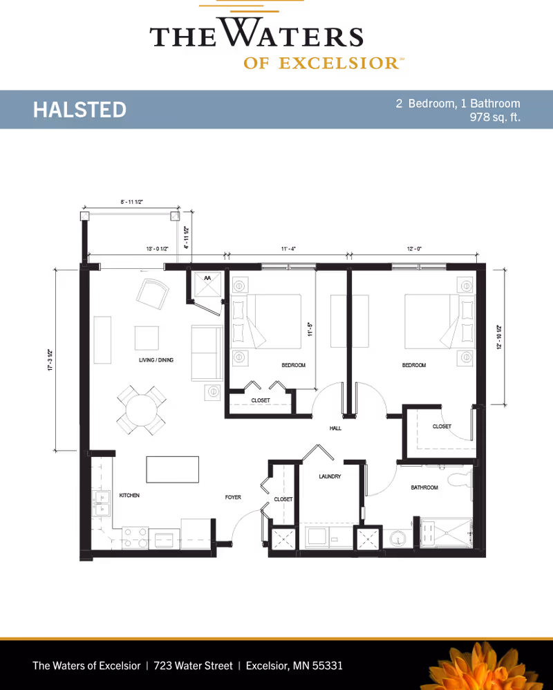 Dark floor-plan graphic titled "HALSTED" for The Waters of Excelsior showing a 2-bedroom, 1-bathroom, 978 sq. ft. apartment layout with facility name and address.