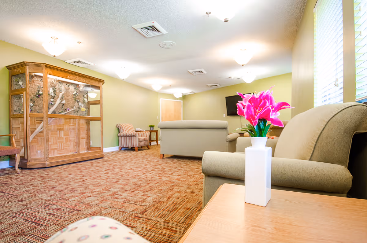 A bright and spacious living room area with beige sofas and armchairs, a wooden display cabinet with decorative items, a wall-mounted TV, and a small table with a white vase holding vibrant pink flowers. The room has light green walls, patterned carpet flooring, and several ceiling lights.
