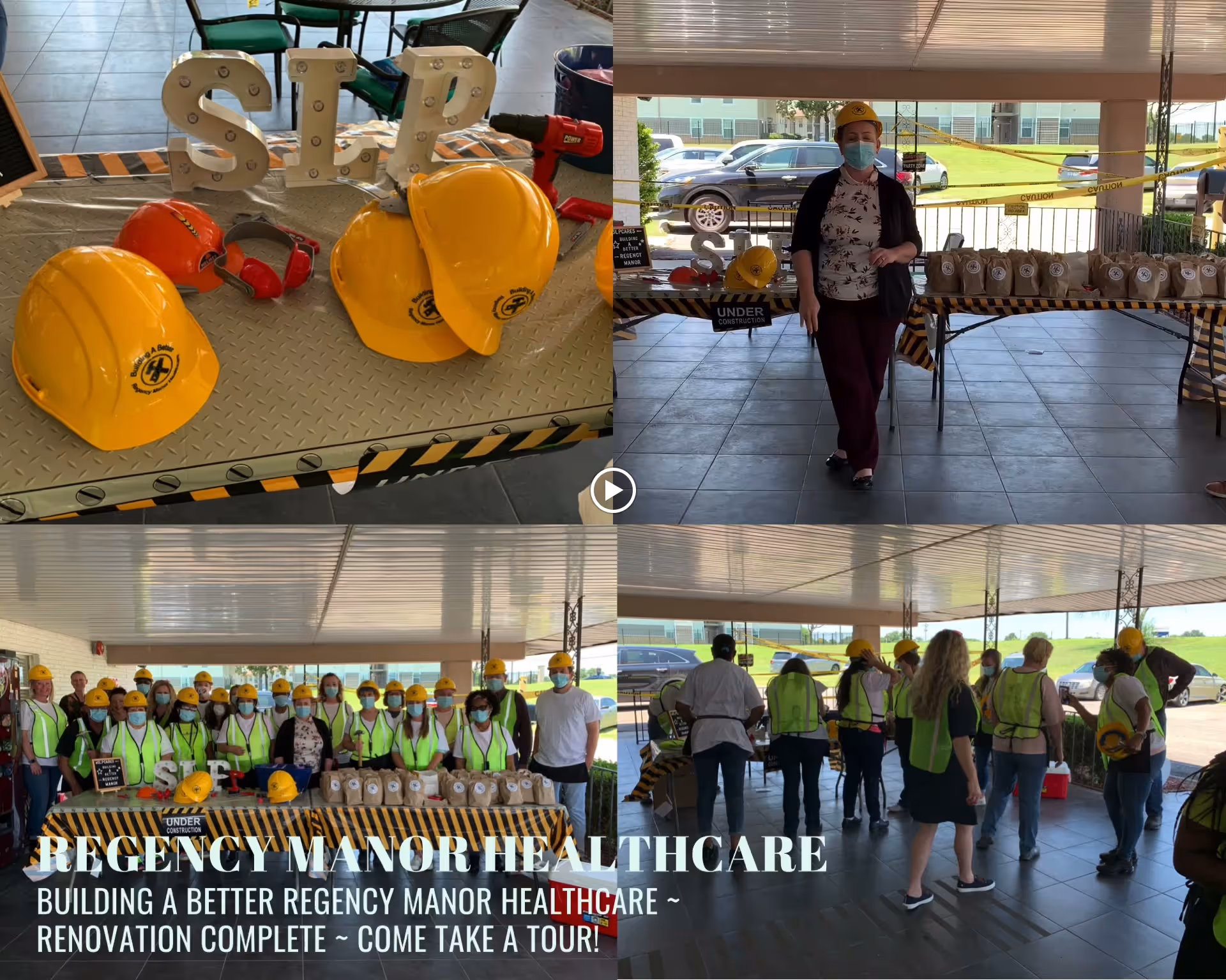 A collage of four images showing a group of people wearing yellow construction helmets and safety vests at Regency Manor Healthcare Center. The top left image shows several yellow helmets and safety gear on a table with 'SLP' letters. The top right image shows a woman wearing a helmet and face mask standing behind a table with small bags and caution tape. The bottom left image shows a large group of people posing together wearing helmets and vests. The bottom right image shows people walking and standing in an open indoor area, some wearing helmets and vests. Text overlay reads 'REGENCY MANOR HEALTHCARE BUILDING A BETTER REGENCY MANOR HEALTHCARE ~ RENOVATION COMPLETE ~ COME TAKE A TOUR!'
