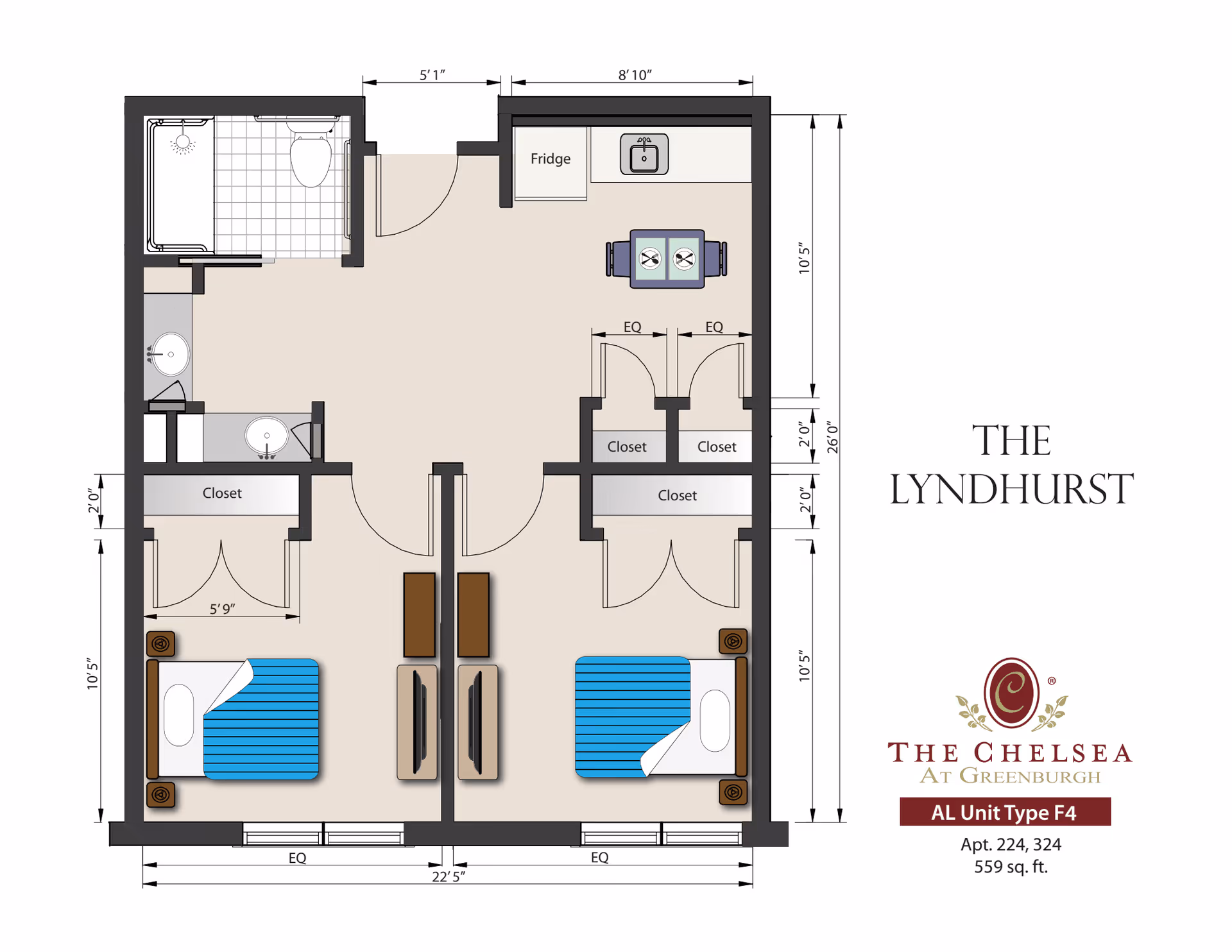 Floor plan of The Lyndhurst AL Unit Type F4 at The Chelsea at Greenburgh showing a layout with two bedrooms, each with a bed, nightstands, and closets. The plan includes a shared bathroom with a shower, toilet, and sink, a kitchen area with a fridge and sink, and a dining table with two chairs. Dimensions of rooms and closets are marked.