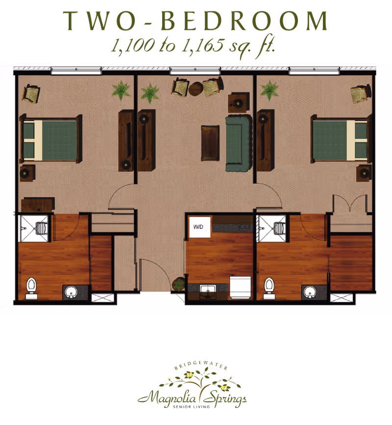 Floor plan of a two-bedroom apartment with an area between 1,100 to 1,165 square feet. The layout includes two bedrooms, two bathrooms, a living room with seating and tables, and a kitchen area with washer/dryer. The bedrooms have beds and chairs, and the bathrooms have toilets and sinks.
